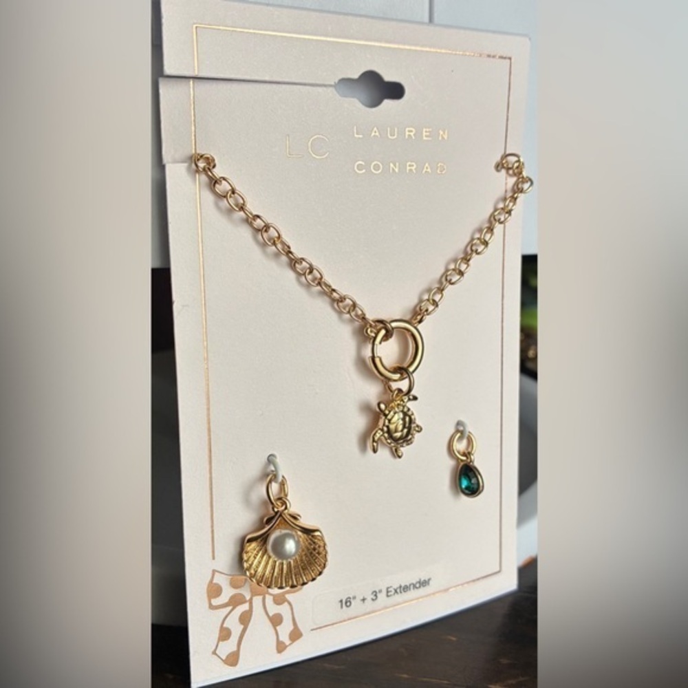 LC Lauren Conrad Gold-Tone Turtle Charm Necklace with Shell and Teal Drop
